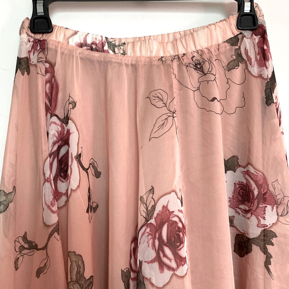 Pink Rose Chiffon Long Skirt - Romantic, Floral, Flowy, Floorlength